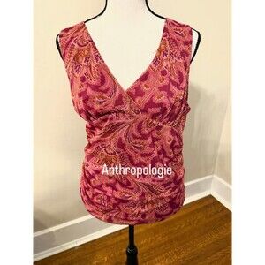 Anthropologie Magenta Burgundy Paisley Print Ruched Sleeveless Gauzy Tank Top L